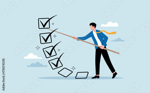 Man holding pointer checking off items on a large checklist symbolizing task completion and goal achievement business success