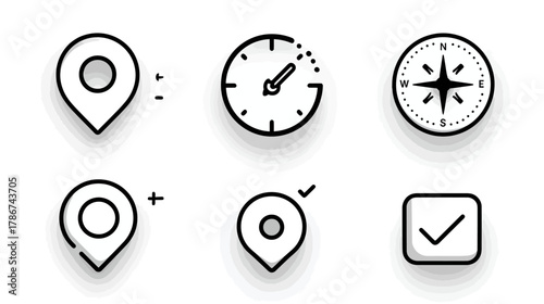 Collection of minimal line art vector icons for location, time, and navigation. Includes map pin, clock, compass, and checkmark symbols for UI/UX.