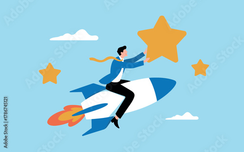 Businessman riding a rocket to achieve a golden star symbolizing success and goal achievement in business and career growth