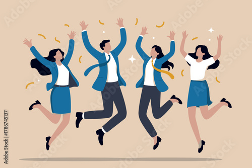 Joyful business people celebrate success jumping high with confetti in the air cheerful teamwork achievement concept