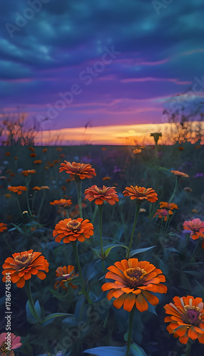 Vibrant Orange Marigolds Glistening Under Majestic Purple Dusk: A Captivating Floral Display in the Evening Light