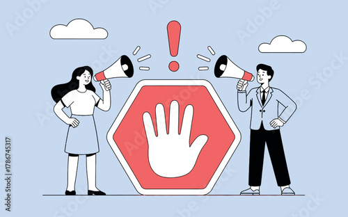 People announce warning with megaphone near stop sign and exclamation marks advocating for caution and safety awareness concepts