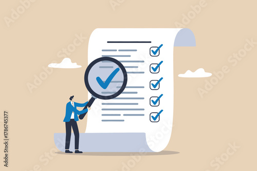 Tiny businessman inspects checklist under magnifying glass symbolizing auditing evaluation and success verification