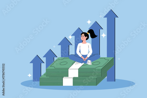 Woman sitting on stack of money with upward trend arrows symbolizing financial growth and investment success