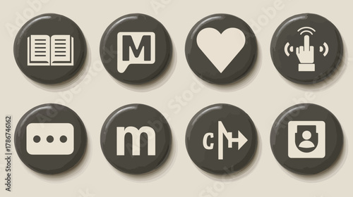 Set of Dark Circular App and Web Icons with White Symbols for Communication, Social Media, User Interface, and Digital Functions