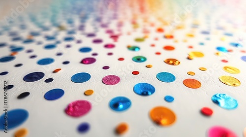 a polka dot background with multicolored dots on white, evenly distributed on white surface