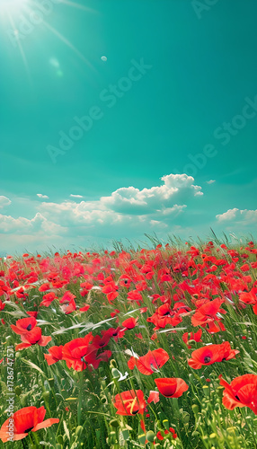 Vivid Scarlet Poppies Blooming Below Serene Turquoise Skies in a Stunning Nature Scene - Beautiful Landscape Photography Art Print