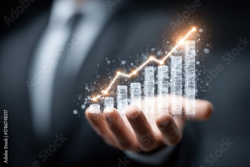 Ascending Graph: a hand cradling a luminous, upward-trending bar graph, symbolizing growth, progress, and financial success. It represents potential, ambition, and the journey toward achievement.