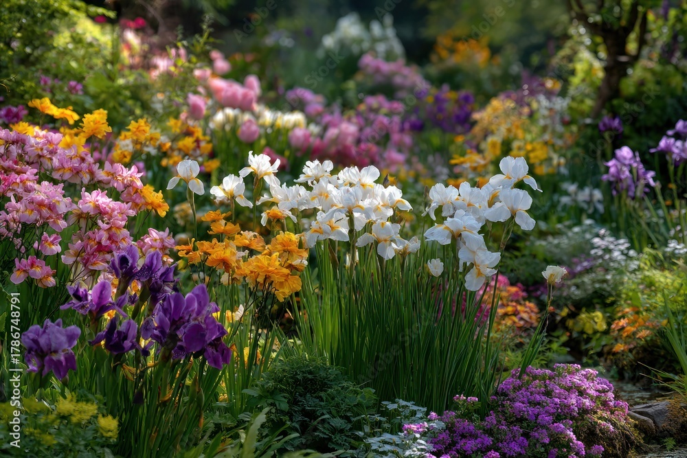 Fototapeta premium Floral Paradise: A vibrant garden bursting with a symphony of colorful blossoms, offering a feast for the eyes and a touch of serenity.