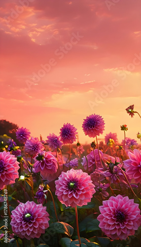Majestic Violet Dahlias in a Captivating Garden Setting Under the Dreamy Peach Skies at Sunset