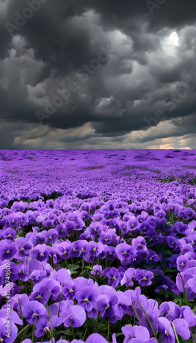 Stunning Violet Tulips under Dramatic Storm Clouds: Captivating Nature Scene with Spring Flowers and Moody Sky Outdoors
