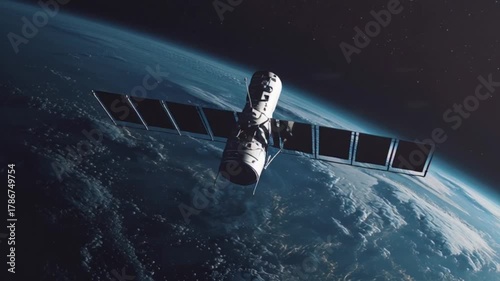 Cinematic View of a Satellite Orbiting Earth in Outer Space, Capturing the Planet’s Curvature, Orbital Motion, Cosmic Perspective, and the High-Tech, Futuristic Atmosphere of Space Exploration
