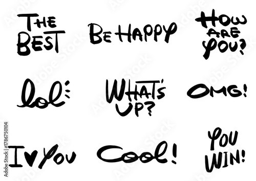 手書き文字素材。いろいろなメッセージのセット。モノクロ。