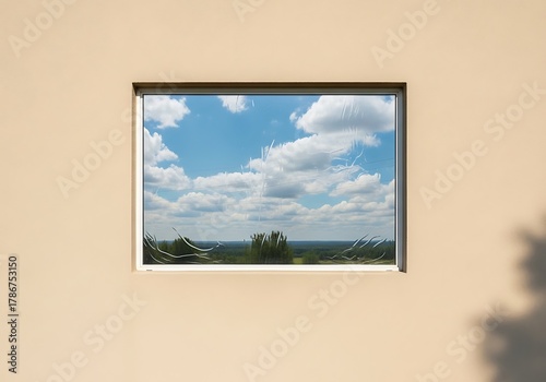 Window to open skies with damaged film and rural view through glass