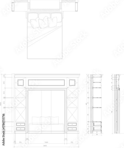 2D Drawing Design for Bed Headboard with Shelving – Plan, Elevation, and Section for Interior Decoration