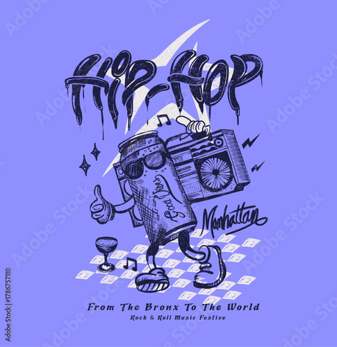 Hip-Hop life style in Manhattan. soda with boom box in hand drawing. vintage retro carton character artwork.