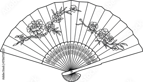 Traditional floral hand fan, elegant vintage accessory, cultural fan illustration, decorative folding fan, ornate ribs design, blooming flower artwork, vector drawing