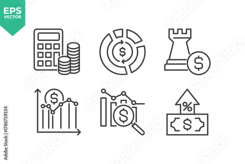 Set Of Investment Line Icons. Contains such icons as Business Strategy, Stock Market, Loan, Wealth, Financial Advisor, Currency Exchange, Financial Strategy, Savings, Credit Score, Capital, Banking, P