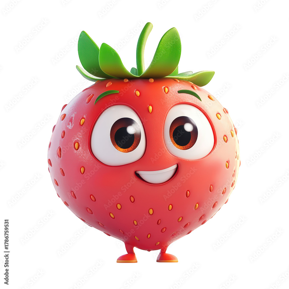 Obraz premium A cheerful cartoon strawberry character isolated on transparent background, radiating happiness with its big eyes, cute smile, and vibrant red color, perfect for kids