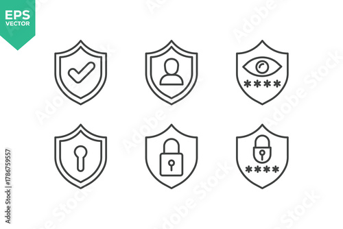 Set of Line Icons Related to Security, Protection, Password, Access, Lock, Key, Padlock, Computer Network, Cybersecurity, Remote Work, Thief, and more.