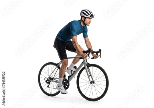 A person in a blue jersey and black shorts rides a grey road bicycle on a white background wearing a striped helmet and white cycling shoes