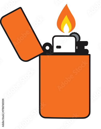Orange flip-top lighter, open lid, burning flame, metal ignition wheel, stylized illustration, fire source, heat, smoking, camping, survival