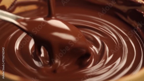 Close-up shot of rich, melted chocolate being poured into a bowl with a spoon, creating swirling ripples and inviting deliciousness.
