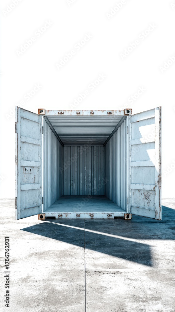 Fototapeta premium Empty white shipping container with open doors on concrete