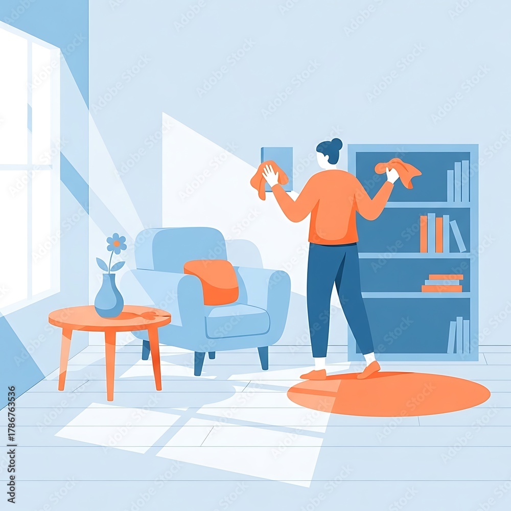 Obraz premium Man Cleaning Living Room with Sunlight Streaming Through Window.