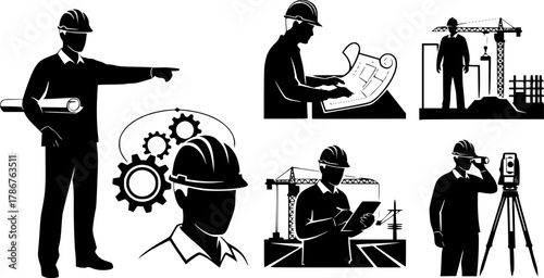 Civil engineer, Civil engineer silhouette, Site engineer silhouette, Engineer, Site engineer, Civil engineer vector illustration set