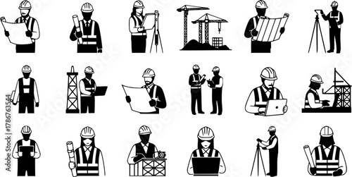Civil engineer, Civil engineer silhouette, Site engineer silhouette, Engineer, Site engineer, Civil engineer vector illustration set