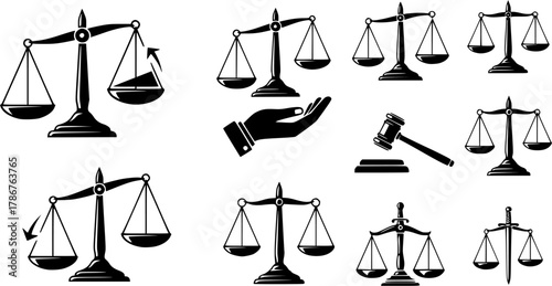 Weight balance scale silhouette, Justice weight scale silhouette, Weight balance scale, Justice weight scale, Balance scale clipart, Weight balance scale vector set.