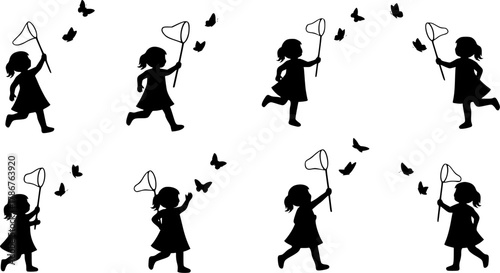 Little girl catching butterflies, Little girl catching butterflies silhouette, Girl catching butterfly drawing, Child with butterfly net, Kids catching butterflies silhouette set