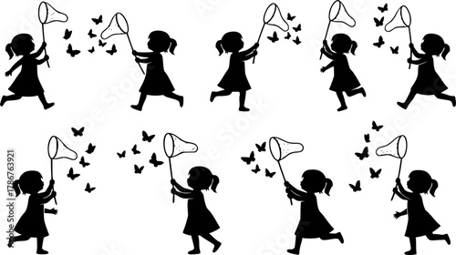 Little girl catching butterflies, Little girl catching butterflies silhouette, Girl catching butterfly drawing, Child with butterfly net, Kids catching butterflies silhouette set