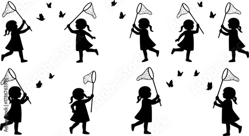 Little girl catching butterflies, Little girl catching butterflies silhouette, Girl catching butterfly drawing, Child with butterfly net, Kids catching butterflies silhouette set