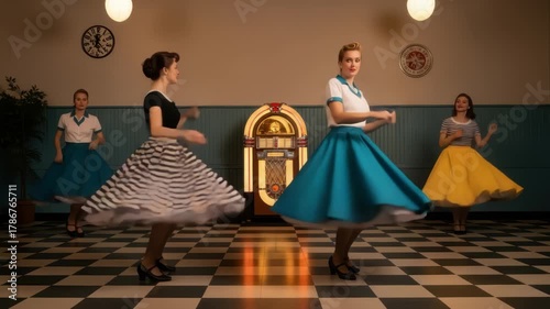 Energetic retro dance party with women in vibrant 1950s fashion and a jukebox, a vintage-themed