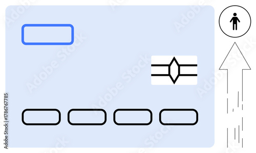 Credit card with chip and blank details, upward arrow, and user icon. Ideal for finance, payment, technology, growth, user identification fintech personal management. Simple flat metaphor