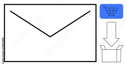 Large envelope with shopping cart icon, open box, and downward arrow. Ideal for e-commerce, logistics, shipping, email marketing, online transactions, communication flow and delivery services