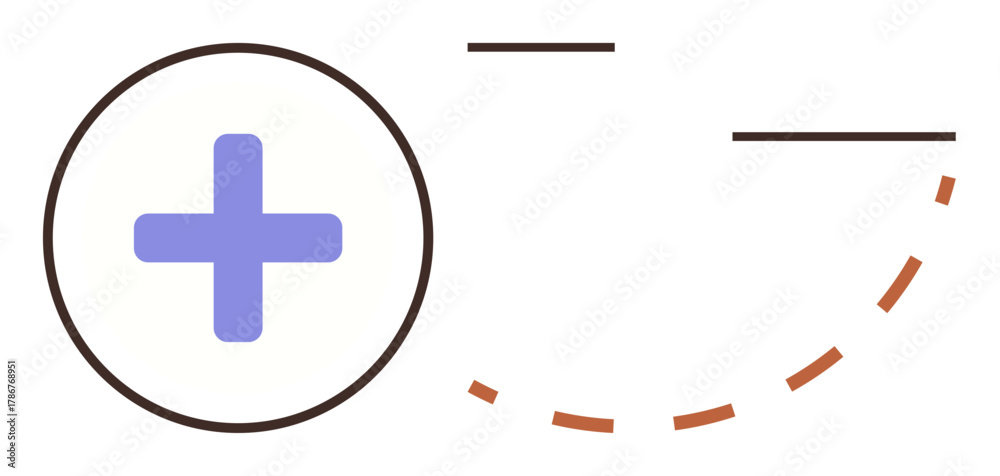 Obraz premium Purple medical cross inside a circle surrounded by brown dashed curves and lines. Ideal for healthcare, medical services, treatment, holistic care, wellness balance, connection, simple flat metaphor
