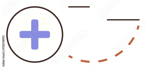 Purple medical cross inside a circle surrounded by brown dashed curves and lines. Ideal for healthcare, medical services, treatment, holistic care, wellness balance, connection, simple flat metaphor