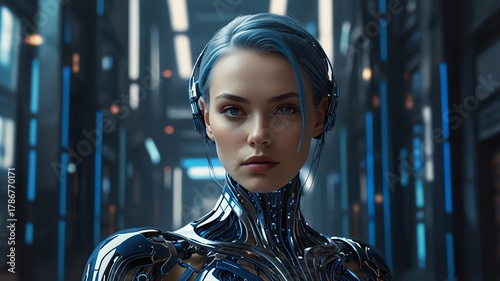 Futuristic android woman with blue hair in a metallic suit, digital art, science fiction concept, AI generated for stock.