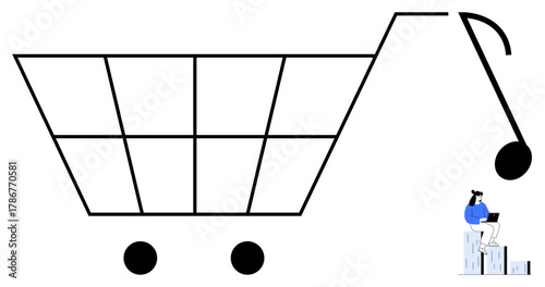 Oversized shopping cart paired with a small figure on stacked boxes using a laptop, blending e-commerce, online shopping, and digital work trends. Ideal for retail, innovation, commerce, technology