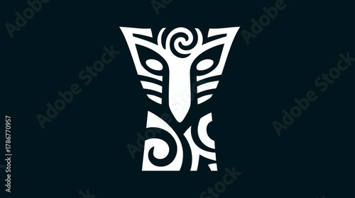 Modern abstract white tribal design resembling a mythical face or mask with intricate swirl patterns on a dark background, cultural graphic art.