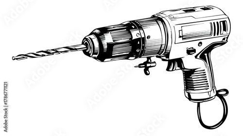 Detailed black and white illustration of a modern corded power drill with a drill bit, essential tool for DIY, construction, and home improvement projects.