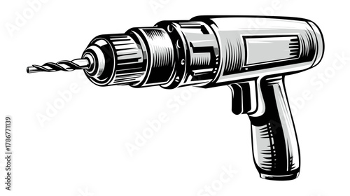 Vintage Style Cordless Electric Drill Illustration. Hand-drawn Engraving for Construction, DIY, and Home Improvement Projects