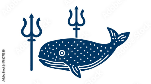 Stylized blue whale illustration with tridents, marine life graphic, ocean creature design element, underwater theme vector art.