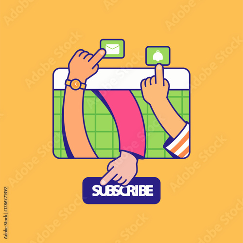 Hands interacting with a webpage interface one pressing a SUBSCRIBE button another selecting an envelope icon, and one tapping a bell notification for marketing, email alerts, and online subscriptions