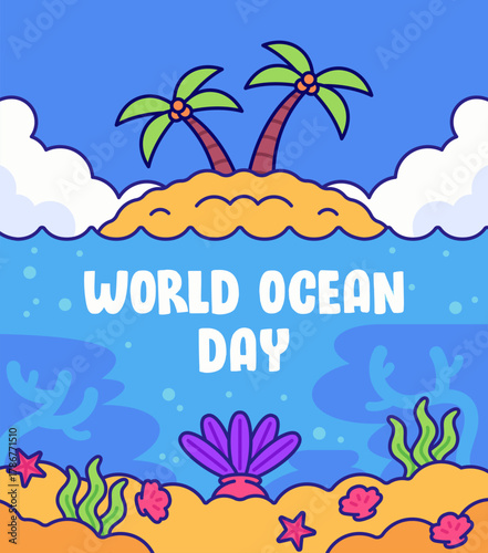 Cartoon vector illustration featuring a small tropical island with palm trees above the water and colorful coral, seaweed, and starfish. for promoting world ocean day, marine conservation