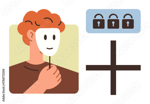 Red-haired person holding a white mask concealing identity next to locks and a cross symbol. Ideal for privacy, security, anonymity, secrecy, hidden identity, protection, confidentiality. Simple flat