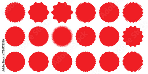 Set of red starburst. Price sticker, sale sticker, price tag, starburst, quality mark, retro stars, sale. Circle sticker set. Wavy edge promo red badges. Star burst shape tags for price. Red sale